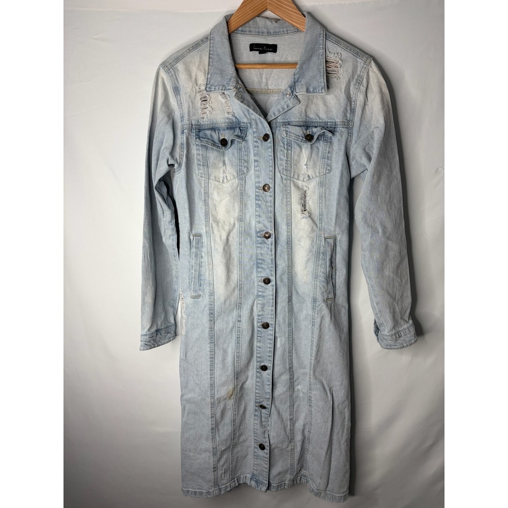 Y2K Light Wash Distressed Denim Duster Jacket Womens S Boho Western 90s Street